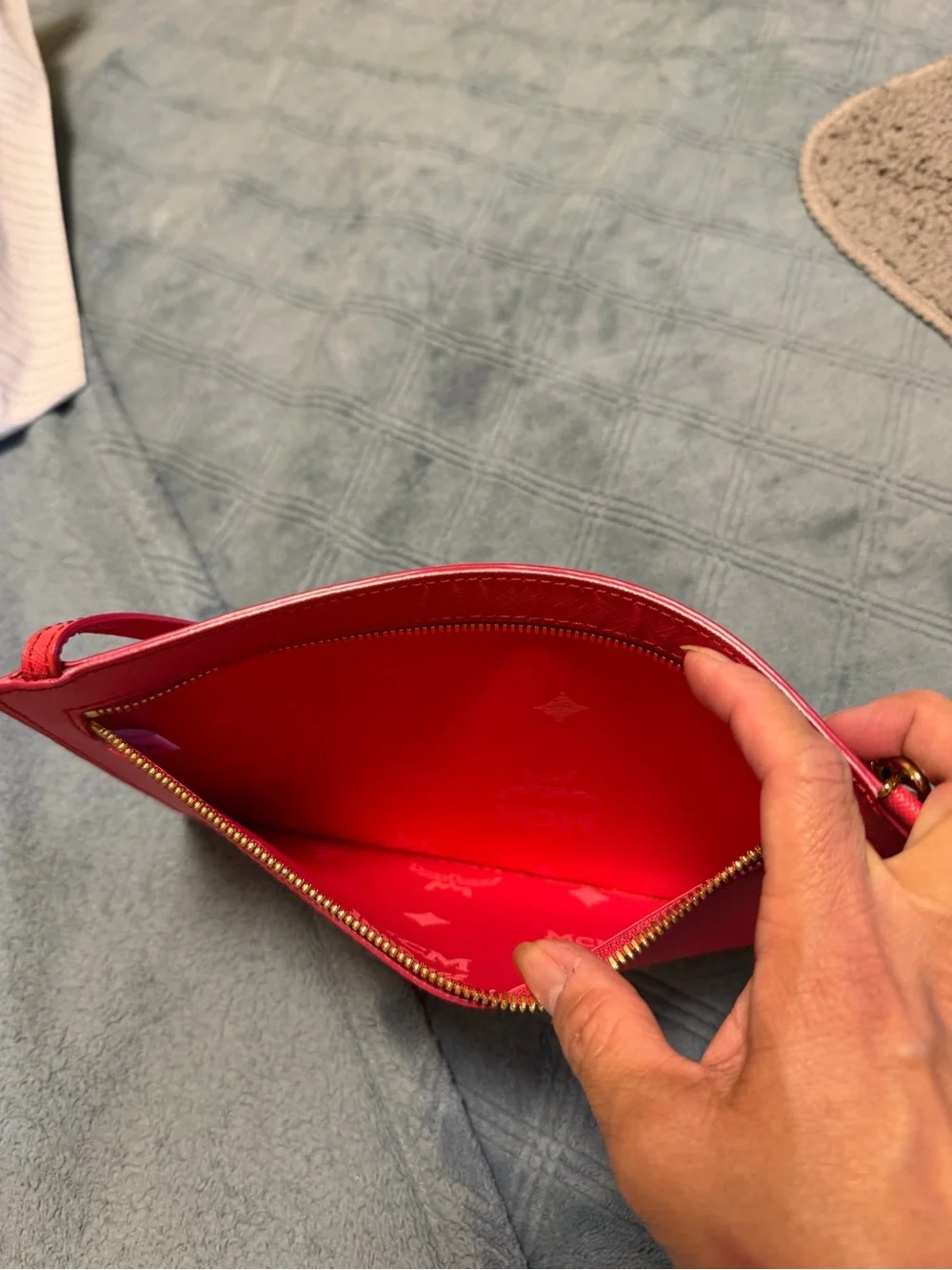 MCM Pink Saffiano Leather Shoulder Bag/Clutch with Gold-Tone Zip